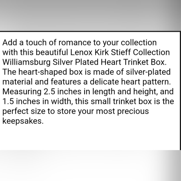 Lenox Kirk Stieff Collection Williamsburg Silver Plated Heart Trinket Box - Picture 5 of 5